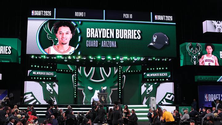 Jun 23, 2026; New York, NY, USA; NBA commissioner Adam Silver announces the tenth pick in the 2026 NBA draft, Arizona guard Brayden Burries after he was selected by the Milwaukee Bucks at Barclays Center. Mandatory Credit: Brad Penner-Imagn Images Jun 23, 2026; New York, NY, USA; NBA commissioner Adam Silver announces the tenth pick in the 2026 NBA draft, Arizona guard Brayden Burries after he was selected by the Milwaukee Bucks at Barclays Center. Mandatory Credit: Brad Penner-Imagn Images