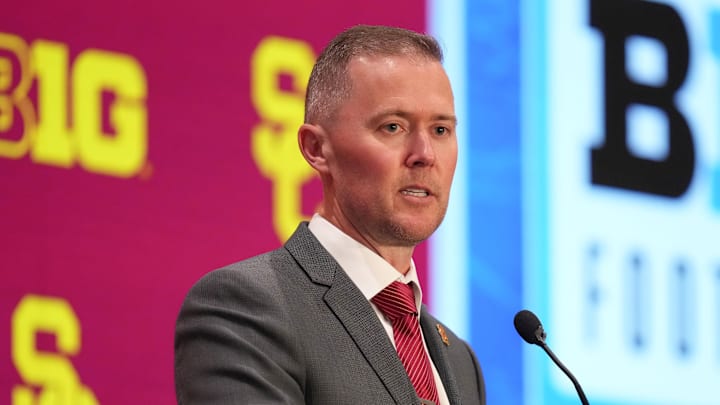 Jul 24, 2025; Las Vegas, NV, USA; USC head coach Lincoln Riley speaks to the media during the Big Ten NCAA college football media days at Mandalay Bay Resort. Mandatory Credit: Lucas Peltier-Imagn Images
