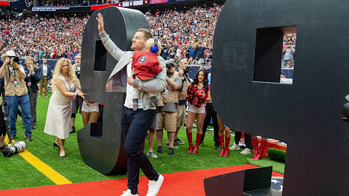 Oct 1, 2023; Houston, Texas, USA; Former Houston Texans JJ Watt waves to the fans during his Ring Of Honor Ceremony at halftime during the game between the Texans and Pittsburgh Steelers at NRG Stadium. Mandatory Credit: Thomas Shea-Imagn Images