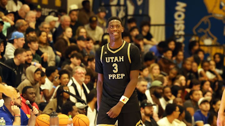 Utah Prep's AJ Dybantsa is all smiles during game Highland School at Emmanuel College in Boston on Tuesday, Nov. 5, 2024.