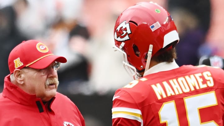 Dec 15, 2024; Cleveland, Ohio, USA; Kansas City Chiefs head coach Andy Reid talks to quarterback Patrick Mahomes (15) before the game between the Cleveland Browns and the Chiefs at Huntington Bank Field. Mandatory Credit: Ken Blaze-Imagn Images