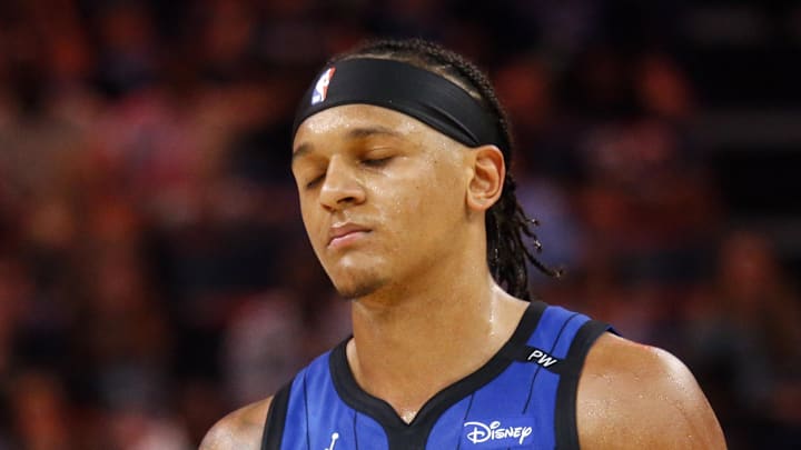 Orlando Magic forward Paolo Banchero (5) reacts at the end of the third quarter against the Memphis Grizzlies at FedExForum, October 26th, 2024. Orlando Magic forward Paolo Banchero (5) reacts at the end of the third quarter against the Memphis Grizzlies at FedExForum, October 26th, 2024.