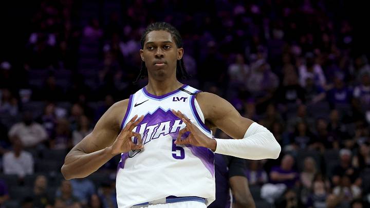 Mar 15, 2026; Sacramento, California, USA; Utah Jazz forward Cody Williams (5) reacts towards his bench after making a three-point basket against the Sacramento Kings during the fourth quarter at Golden 1 Center. Mandatory Credit: Dennis Lee-Imagn Images