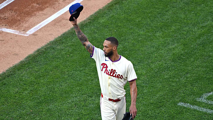 Sep 28, 2025; Philadelphia, Pennsylvania, USA;  Philadelphia Phillies pitcher Cristopher Sánchez (61) acknowledges the crowd after being removed from the game during the sixth inning against the Minnesota Twins at Citizens Bank Park. Mandatory Credit: Eric Hartline-Imagn Images