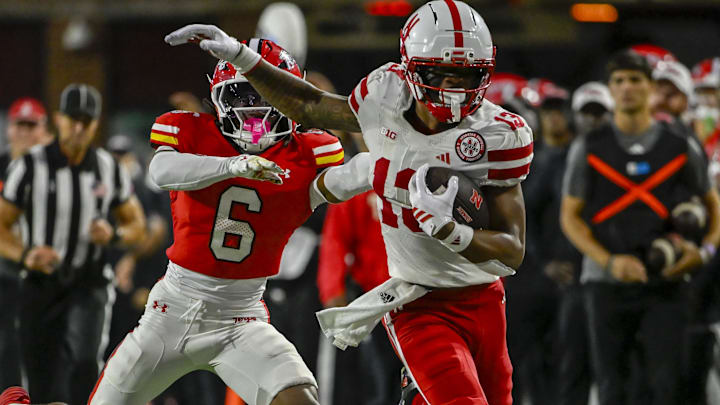 Nebraska Cornhuskers wide receiver Nyziah Hunter runs for a first down as Maryland Terrapins defensive back Dontay Joyner defends during the second half at SECU Stadium.
