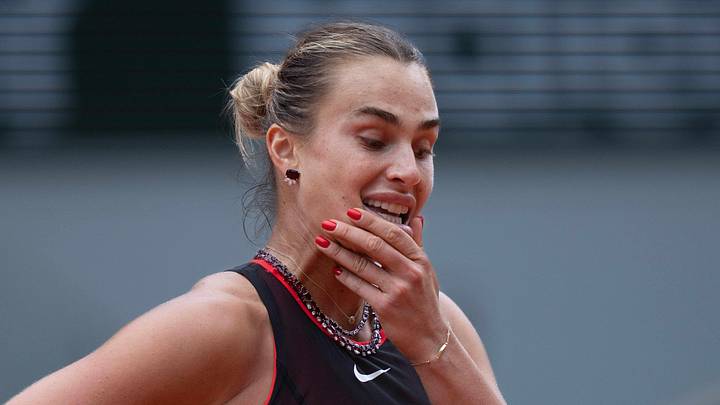 Aryna Sabalenka reacts during her match at Stade Roland Garros Aryna Sabalenka reacts during her match at Stade Roland Garros