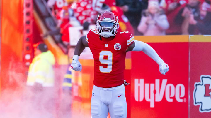 Jan 26, 2025; Kansas City, MO, USA; Kansas City Chiefs wide receiver JuJu Smith-Schuster (9) against the Buffalo Bills in the AFC Championship game at GEHA Field at Arrowhead Stadium. Mandatory Credit: Mark J. Rebilas-Imagn Images