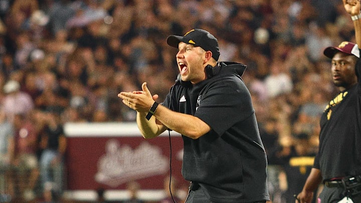 Sep 6, 2025; Starkville, Mississippi, USA; Arizona State Sun Devils head coach Kenny Dillingham reacts during the first quarter against the Mississippi State Bulldogs at Davis Wade Stadium at Scott Field. Mandatory Credit: Petre Thomas-Imagn Images