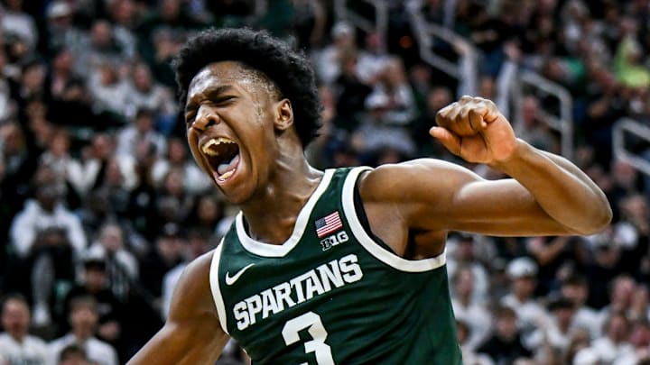 Michigan State's Cam Ward celebrates after his dunk against San Jose State during the second half on Thursday, Nov. 13, 2025, at the Breslin Center in East Lansing.