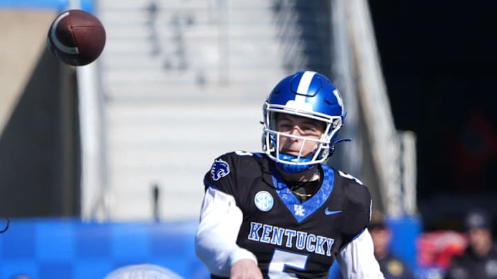 Kentucky’s Zach Calzada threw a completion against the defense of Kentucky during their Spring practice finale at Kroger Field.
April 12, 2025