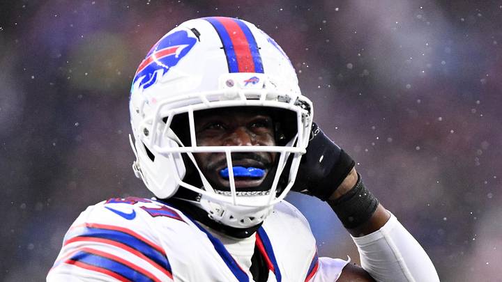 Dec 14, 2025; Foxborough, Massachusetts, USA; Buffalo Bills cornerback Tre'Davious White (27) reacts after intercepting a pass against the New England Patriots during the second half at Gillette Stadium. Mandatory Credit: Brian Fluharty-Imagn Images