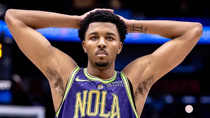 Dec 30, 2024; New Orleans, Louisiana, USA;  New Orleans Pelicans guard Trey Murphy III (25) reacts to a foul called against the LA Clippers during the second half at Smoothie King Center. Mandatory Credit: Stephen Lew-Imagn Images