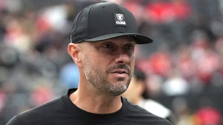 Jan 4, 2026; Paradise, Nevada, USA; Las Vegas Raiders general manager John Spytek reacts during the game against the Kansas City Chiefs at Allegiant Stadium. Mandatory Credit: Kirby Lee-Imagn Images