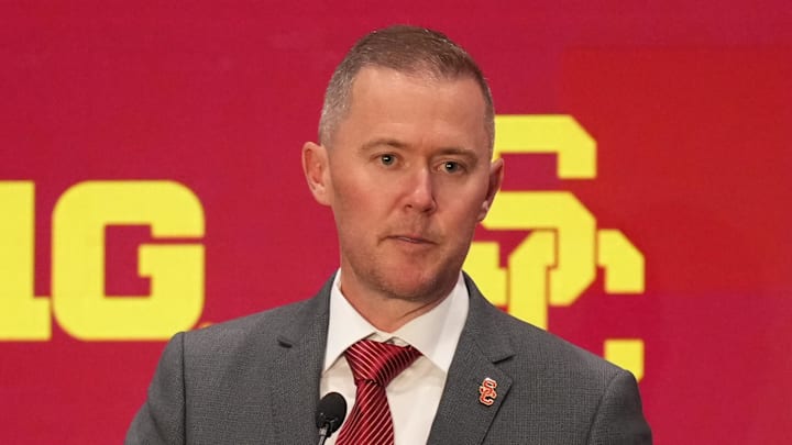 Jul 24, 2025; Las Vegas, NV, USA; USC head coach Lincoln Riley speaks to the media during the Big Ten NCAA college football media days at Mandalay Bay Resort. Mandatory Credit: Lucas Peltier-Imagn Images