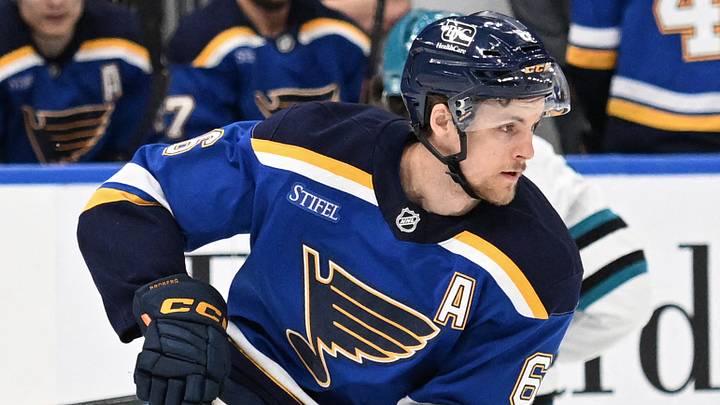 Mar 26, 2026; St. Louis, Missouri, USA; St. Louis Blues defenseman Philip Broberg (6) skates against the San Jose Sharks in the first period at Enterprise Center. Mandatory Credit: Joe Puetz-Imagn Images Mar 26, 2026; St. Louis, Missouri, USA; St. Louis Blues defenseman Philip Broberg (6) skates against the San Jose Sharks in the first period at Enterprise Center. Mandatory Credit: Joe Puetz-Imagn Images