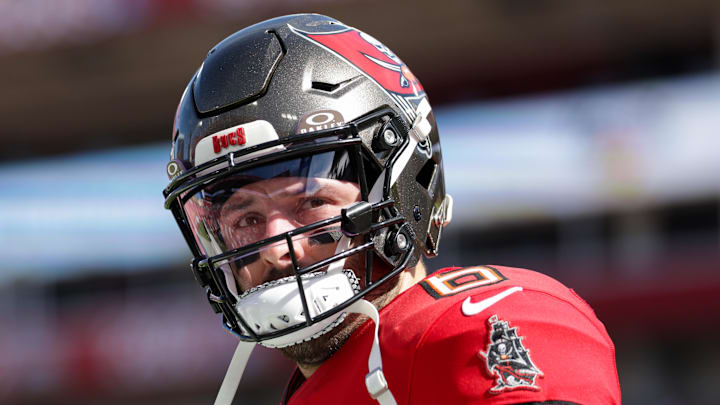 Jan 5, 2025; Tampa, Florida, USA; Tampa Bay Buccaneers quarterback Baker Mayfield (6) looks on before a game against the New Orleans Saints at Raymond James Stadium. Mandatory Credit: Nathan Ray Seebeck-Imagn Images
