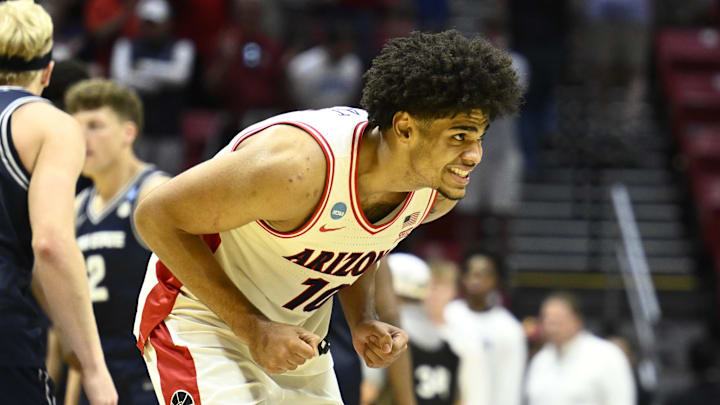 Arizona forward Koa Peat celebrates after defeating Utah State in the NCAA men’s tournament. Could the Wildcats win the national title? Arizona forward Koa Peat celebrates after defeating Utah State in the NCAA men’s tournament. Could the Wildcats win the national title?