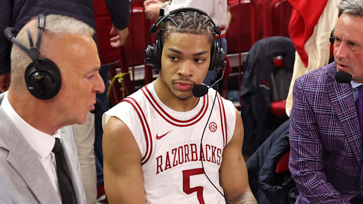 Arkansas Razorbacks guard Darius Acuff Jr (5) is interviewed after the game against the Tennessee Volunteers at Bud Walton Arena in Fayetteville, Ark.