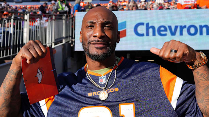 Nov 17, 2024; Denver, Colorado, USA; Retired American football player Aqib Talib during the second quarter between the Atlanta Falcons against the Denver Broncos at Empower Field at Mile High.