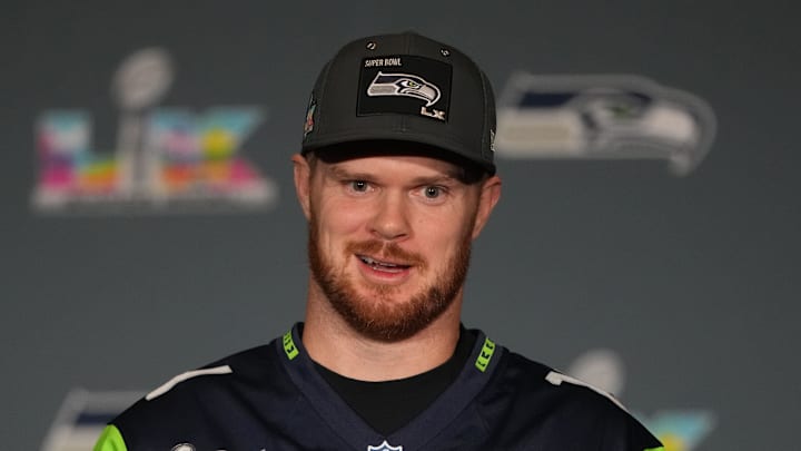 Feb 5, 2026; San Jose, CA, USA; Seattle Seahawks quarterback Sam Darnold (14) talks to media members at the San Jose Marriott. Mandatory Credit: Darren Yamashita-Imagn Images