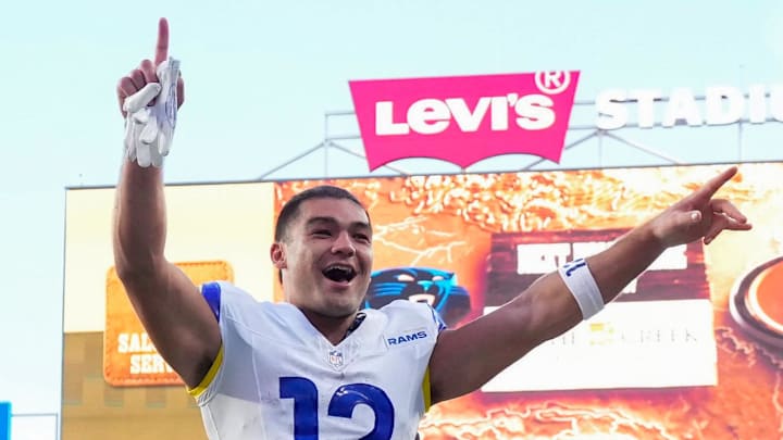 Nov 9, 2025; Santa Clara, California, USA; Los Angeles Rams wide receiver Puka Nacua (12) celebrates after the game against the San Francisco 49ers at Levi's Stadium. Mandatory Credit: Cary Edmondson-Imagn Images