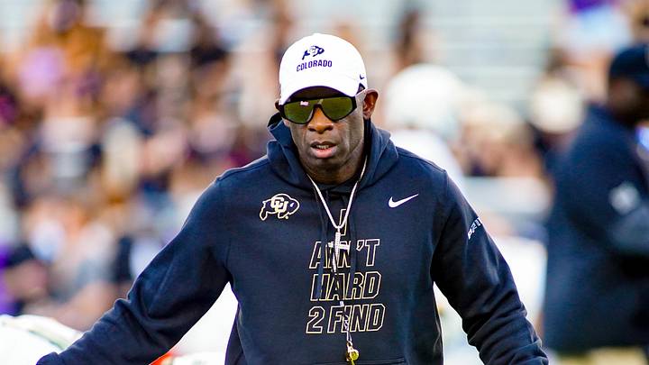 Oct 4, 2025; Fort Worth, Texas, USA; Colorado Buffaloes head coach Deion Sanders on the field during warm ups prior to a game against the TCU Horned Frogs at Amon G. Carter Stadium. Mandatory Credit: Raymond Carlin III-Imagn Images