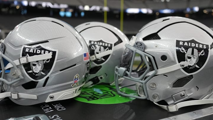 Nov 23, 2025; Paradise, Nevada, USA; Las Vegas Raiders helmets on the sidelines at Allegiant Stadium. Mandatory Credit: Kirby Lee-Imagn Images