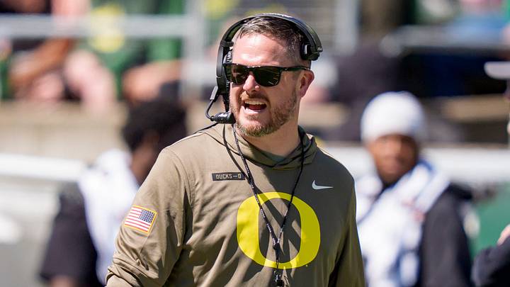 Oregon head coach Dan Lanning walks the field during the Oregon Ducks annual spring game on April 25, 2026 at Autzen Stadium in Eugene, Oregon.