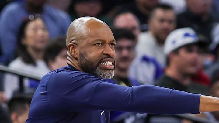 Orlando Magic head coach Jamahl Mosley motions to the court during the second half against the Golden State Warriors.