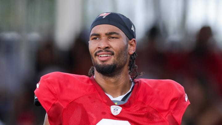 Tampa Bay Buccaneers wide receiver Emeka Egbuka participates in training camp.