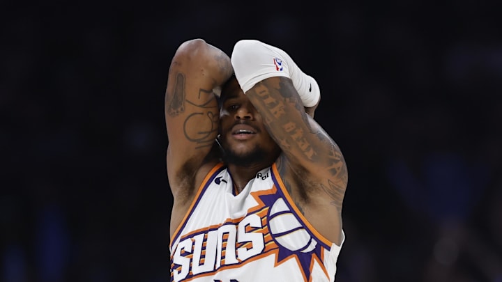 Apr 22, 2026; Oklahoma City, Oklahoma, USA; Phoenix Suns guard Jalen Green (4) reacts after a play against the Oklahoma City Thunder in the second half during game two of the first round of the 2026 NBA Playoffs at Paycom Center. Mandatory Credit: Alonzo Adams-Imagn Images