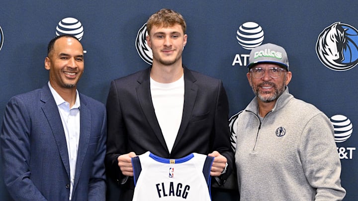 Jun 27, 2025; Dallas, TX, USA; (from left) Dallas Mavericks general manager Nico Harrison and Mavericks first overall pick Cooper Flagg and head coach Jason Kidd pose for a photo at the Dallas Mavericks Practice Facility. Mandatory Credit: Jerome Miron-Imagn Images