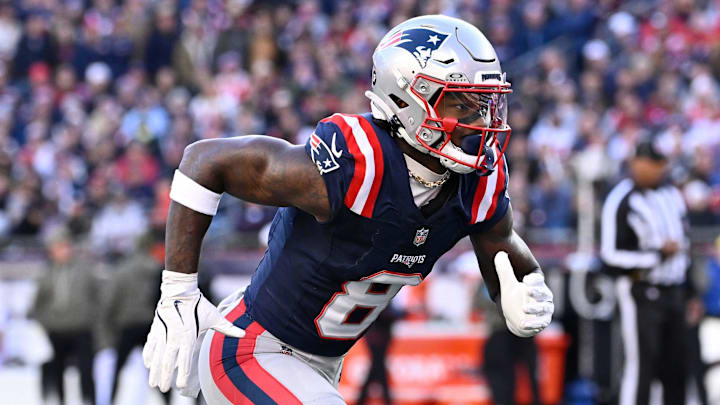 Nov 2, 2025; Foxborough, Massachusetts, USA; New England Patriots wide receiver Stefon Diggs (8) runs a route during the second half against the Atlanta Falcons at Gillette Stadium. Mandatory Credit: Eric Canha-Imagn Images Nov 2, 2025; Foxborough, Massachusetts, USA; New England Patriots wide receiver Stefon Diggs (8) runs a route during the second half against the Atlanta Falcons at Gillette Stadium. Mandatory Credit: Eric Canha-Imagn Images