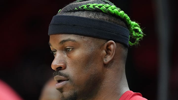 Jan 2, 2025; Miami, Florida, USA;  Miami Heat forward Jimmy Butler (22) warms-up before the game against the Indiana Pacers at Kaseya Center. Mandatory Credit: Jim Rassol-Imagn Images