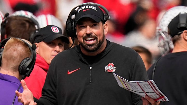 Oct 21, 2023; Columbus, Ohio, USA; Ohio State Buckeyes head coach Ryan Day reacts during the first half of the NCAA football game against the Penn State Nittany Lions at Ohio Stadium.