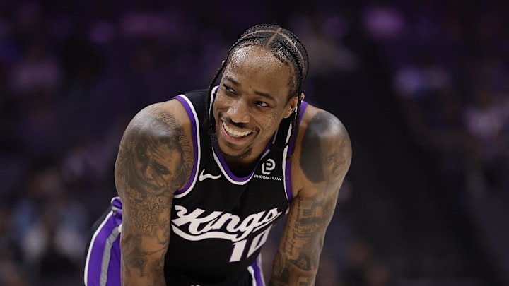 Mar 11, 2026; Sacramento, California, USA; Sacramento Kings forward/guard DeMar DeRozan (10) smiles between plays against the Charlotte Hornets during the first quarter at Golden 1 Center. Mar 11, 2026; Sacramento, California, USA; Sacramento Kings forward/guard DeMar DeRozan (10) smiles between plays against the Charlotte Hornets during the first quarter at Golden 1 Center.