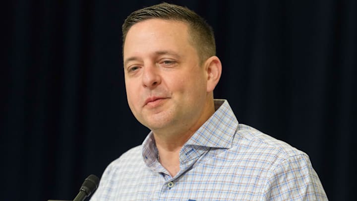 Feb 24, 2026; Indianapolis, IN, USA; New England Patriots general manager Eliot Wolf speaks at the NFL Scouting Combine at the Indiana Convention Center. Mandatory Credit: Kirby Lee-Imagn Images Feb 24, 2026; Indianapolis, IN, USA; New England Patriots general manager Eliot Wolf speaks at the NFL Scouting Combine at the Indiana Convention Center. Mandatory Credit: Kirby Lee-Imagn Images