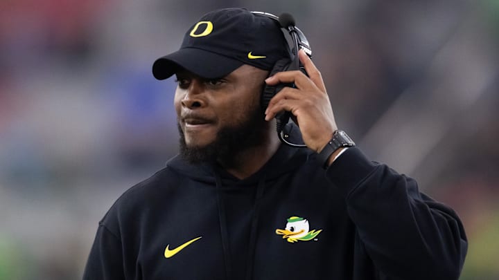 Jan 1, 2024; Glendale, AZ, USA; Oregon Ducks offensive line coach A'Lique Terry against the Liberty Flames during the 2024 Fiesta Bowl at State Farm Stadium. Mandatory Credit: Mark J. Rebilas-USA TODAY Sports