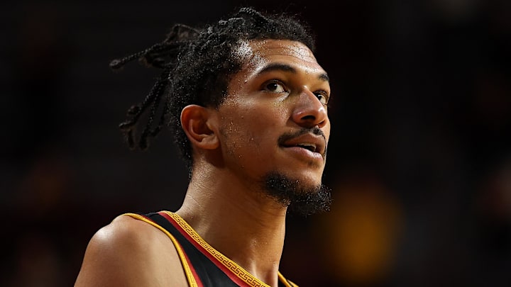 Jan 9, 2026; Minneapolis, Minnesota, USA; Southern California Trojans forward Chad Baker-Mazara (4) looks on during the second half against the Minnesota Golden Gophers at Williams Arena. Mandatory Credit: Matt Krohn-Imagn Images
