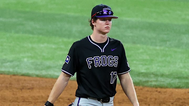 TCU Horned Frogs First Baseman Rob Liddington taking practice pregame against the Vanderbilt Commodores on 02/13/2026 TCU Horned Frogs First Baseman Rob Liddington taking practice pregame against the Vanderbilt Commodores on 02/13/2026
