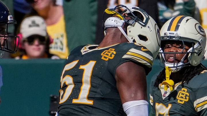 Green Bay Packers defensive end Dani Dennis-Sutton (51) celebrates after making a tackle against the Chicago Bears. Green Bay Packers defensive end Dani Dennis-Sutton (51) celebrates after making a tackle against the Chicago Bears.