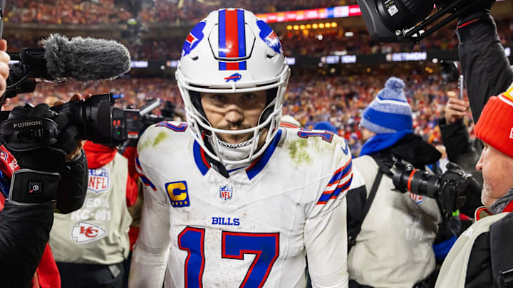 Jan 26, 2025; Kansas City, MO, USA; Buffalo Bills quarterback Josh Allen (17) reacts as he walks off the field after losing to the Kansas City Chiefs during the AFC Championship game at GEHA Field at Arrowhead Stadium. Mandatory Credit: Mark J. Rebilas-Imagn Images