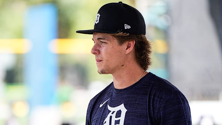 Detroit Tigers prospect Bryce Rainer watches practice during spring training at TigerTown in Lakeland on Friday, Feb. 20, 2025.