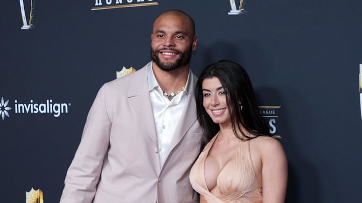 San Francisco, CA, USA; Dallas Cowboys quarterback Dak Prescott and wife Sarah Jane Ramos pose on the NFL Honors Red Carpet before Super Bowl LX at Palace of Fine Arts.