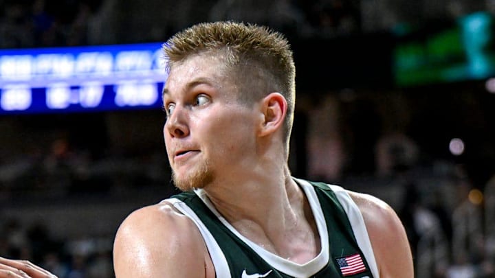 Michigan State's Jaxon Kohler, right, looks to pass as San Jose State's Melvin Bell Jr. defends during the second half on Thursday, Nov. 13, 2025, at the Breslin Center in East Lansing. Michigan State's Jaxon Kohler, right, looks to pass as San Jose State's Melvin Bell Jr. defends during the second half on Thursday, Nov. 13, 2025, at the Breslin Center in East Lansing.