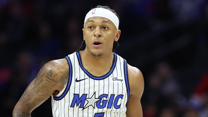 Oct 27, 2025; Philadelphia, Pennsylvania, USA; Orlando Magic forward Paolo Banchero (5) dribbles the ball against the Philadelphia 76ers during the first quarter at Xfinity Mobile Arena. Mandatory Credit: Bill Streicher-Imagn Images Oct 27, 2025; Philadelphia, Pennsylvania, USA; Orlando Magic forward Paolo Banchero (5) dribbles the ball against the Philadelphia 76ers during the first quarter at Xfinity Mobile Arena. Mandatory Credit: Bill Streicher-Imagn Images