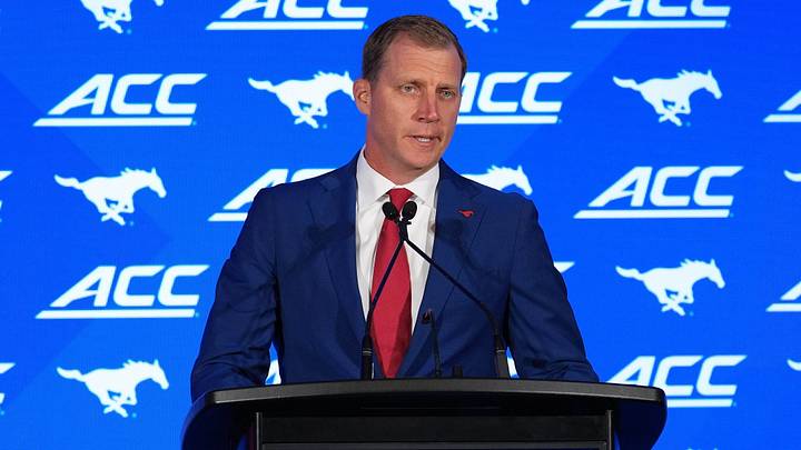 Jul 17, 2026; Charlotte, NC, USA; SMU head coach Rhett Lashlee speaks to the media at Hilton Charlotte Uptown. Mandatory Credit: Jim Dedmon-Imagn Images Jul 17, 2026; Charlotte, NC, USA; SMU head coach Rhett Lashlee speaks to the media at Hilton Charlotte Uptown. Mandatory Credit: Jim Dedmon-Imagn Images