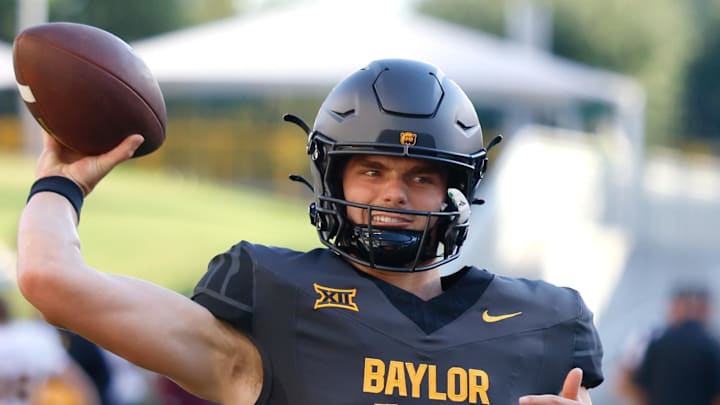Sep 20, 2025; Waco, Texas, USA; Baylor Bears quarterback Sawyer Robertson (13) during warm ups before the game against the Arizona State Sun Devils at McLane Stadium. Mandatory Credit: Chris Jones-Imagn Images