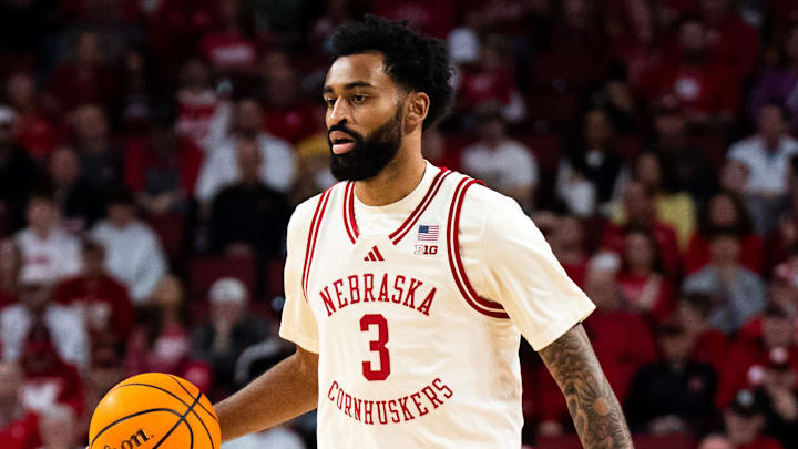 Mar 9, 2025; Lincoln, Nebraska, USA; Nebraska Cornhuskers guard Brice Williams (3) dribbles against the Iowa Hawkeyes during the first half at Pinnacle Bank Arena. Mandatory Credit: Dylan Widger-Imagn Images