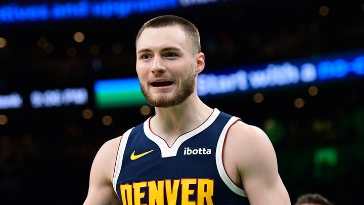 Jan 7, 2026; Boston, Massachusetts, USA; Denver Nuggets guard Christian Braun (0) reacts after a play during the second half against the Boston Celtics at TD Garden. Mandatory Credit: Bob DeChiara-Imagn Images